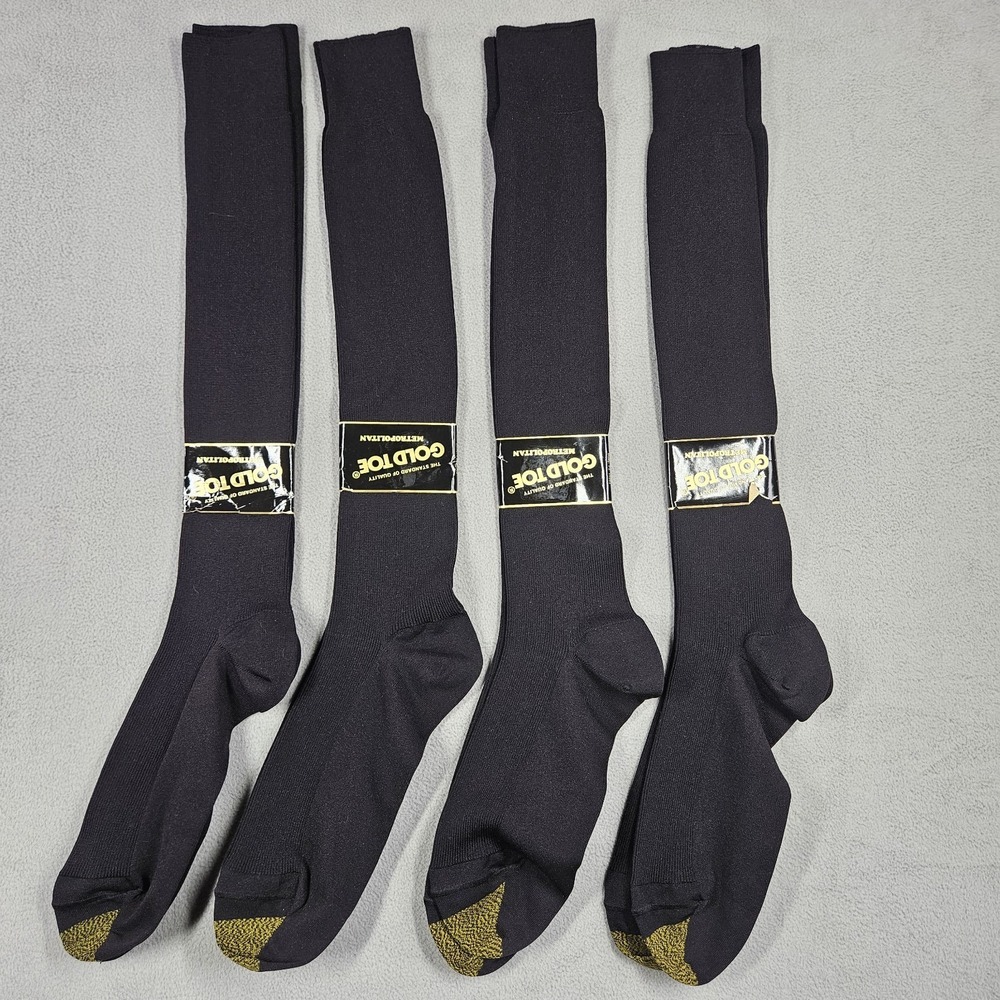 Vintage Gold Toe Black Thin Dress Socks (4) METROPOLITAN Executive Over The Calf